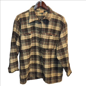 NWOT, Woolrich tan brown checkered wool blend button-up overshirt sz M oversized